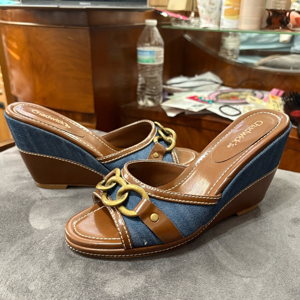Chadwicks Blue and Brown Wedges with Chain Accent